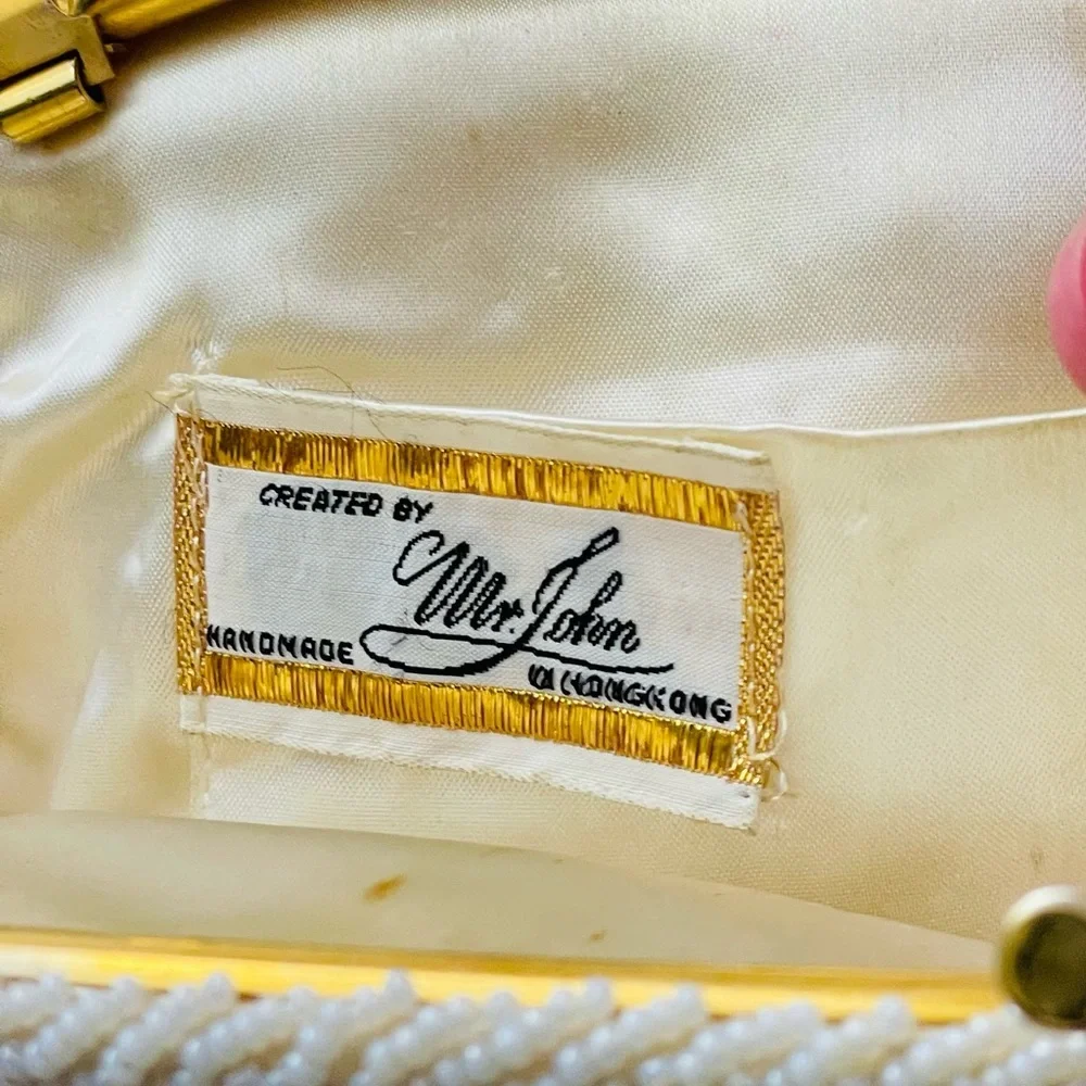 Vintage 60s White Beaded Clutch with Gold Tone Clasp